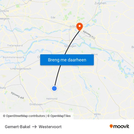 Gemert-Bakel to Westervoort map