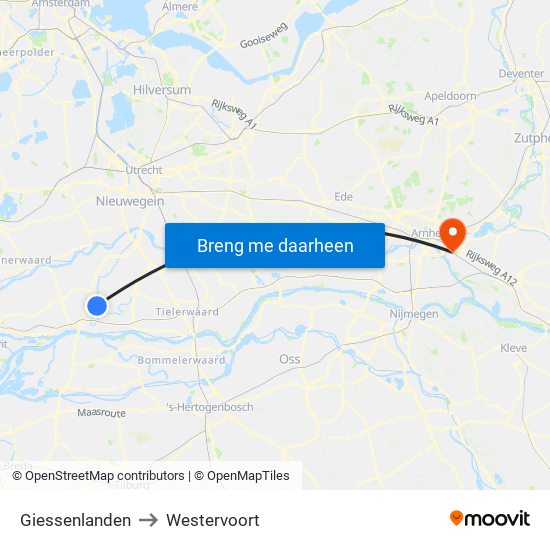 Giessenlanden to Westervoort map