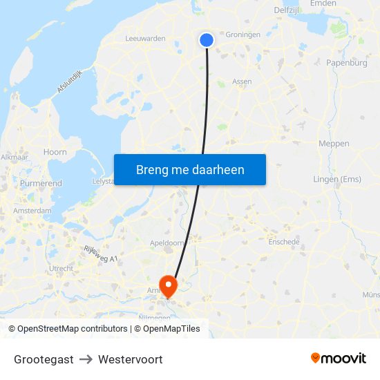 Grootegast to Westervoort map