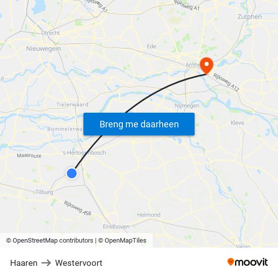 Haaren to Westervoort map