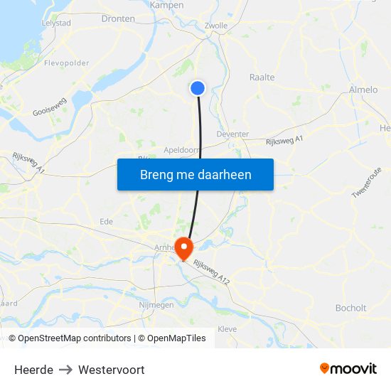 Heerde to Westervoort map