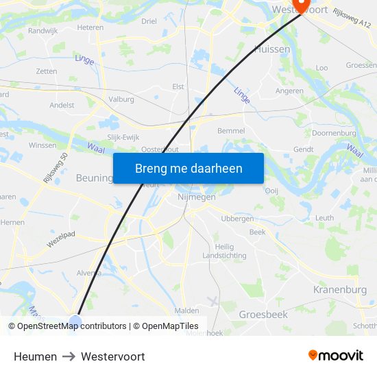 Heumen to Westervoort map