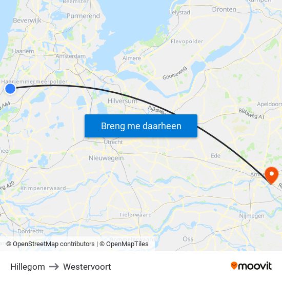 Hillegom to Westervoort map