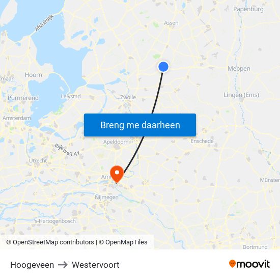 Hoogeveen to Westervoort map