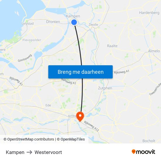 Kampen to Westervoort map