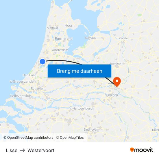 Lisse to Westervoort map