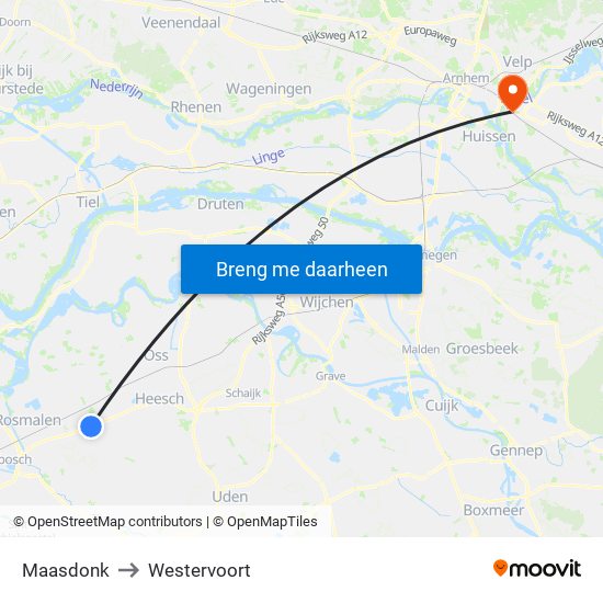 Maasdonk to Westervoort map