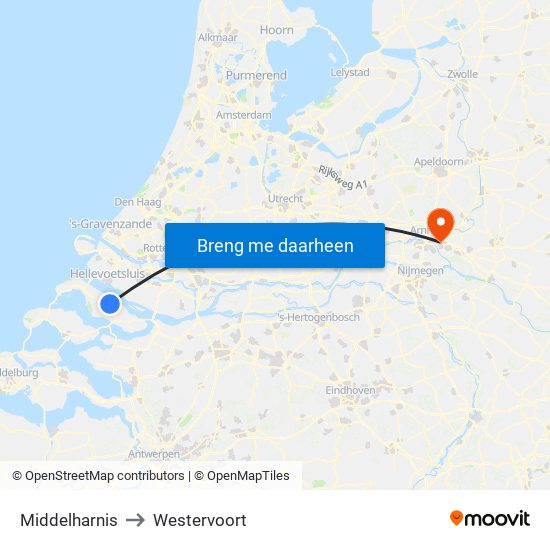 Middelharnis to Westervoort map