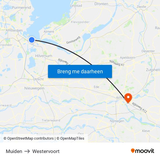 Muiden to Westervoort map