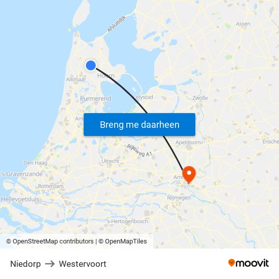 Niedorp to Westervoort map