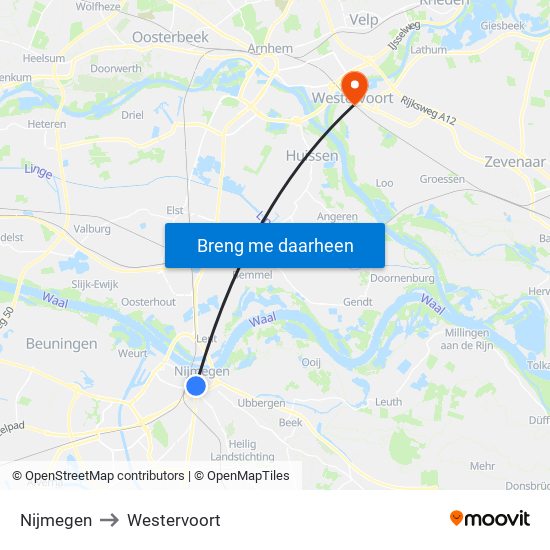 Nijmegen to Westervoort map