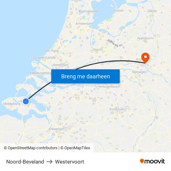 Noord-Beveland to Westervoort map