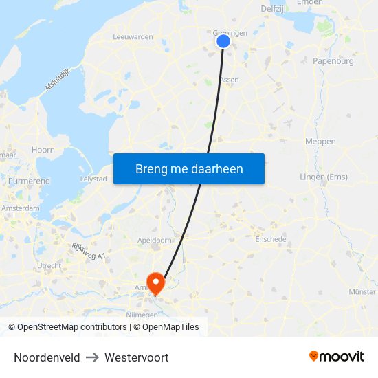 Noordenveld to Westervoort map
