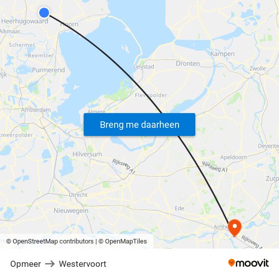 Opmeer to Westervoort map