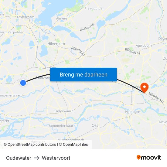 Oudewater to Westervoort map