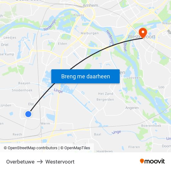 Overbetuwe to Westervoort map