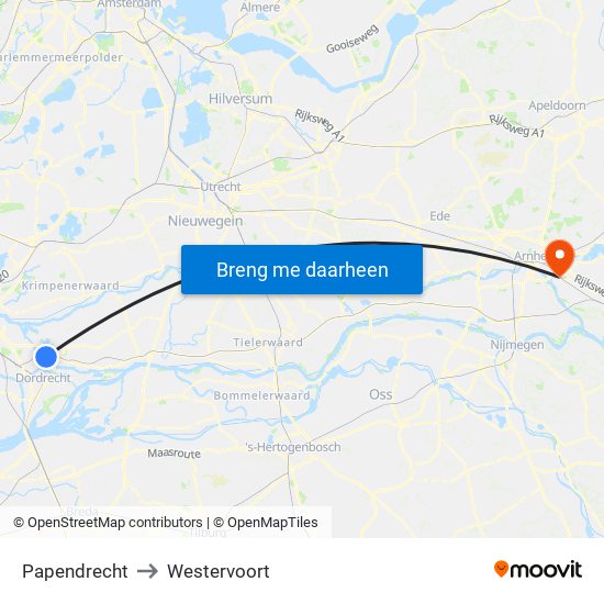 Papendrecht to Westervoort map