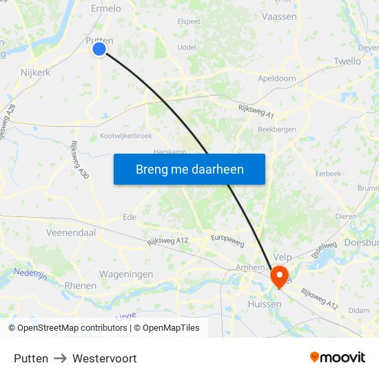 Putten to Westervoort map