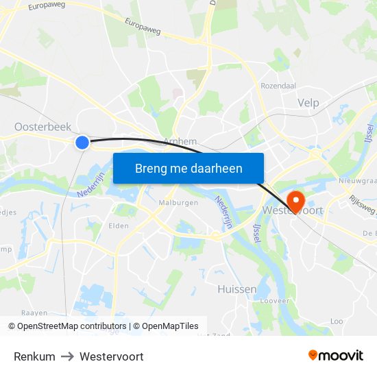 Renkum to Westervoort map