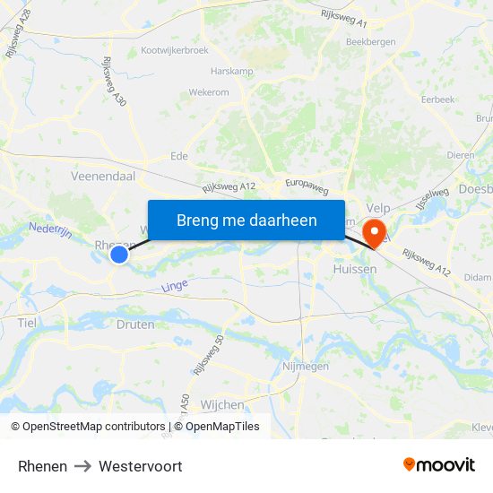 Rhenen to Westervoort map