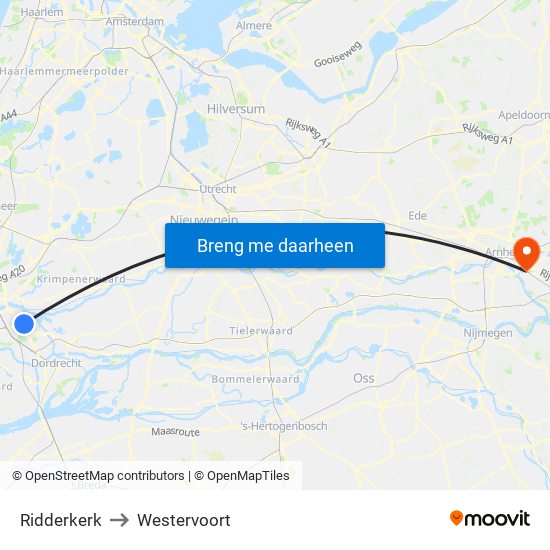 Ridderkerk to Westervoort map
