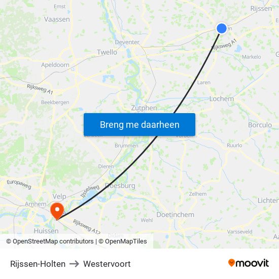 Rijssen-Holten to Westervoort map