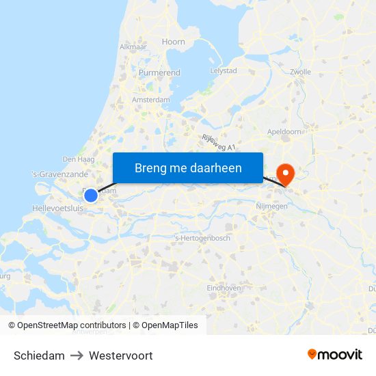 Schiedam to Westervoort map