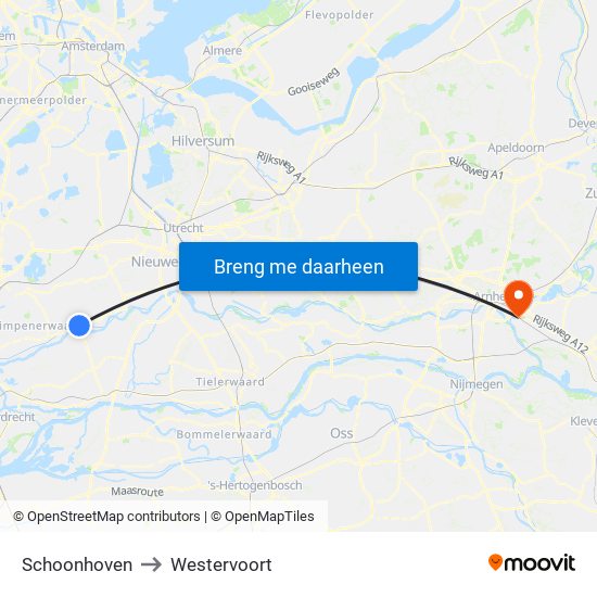 Schoonhoven to Westervoort map