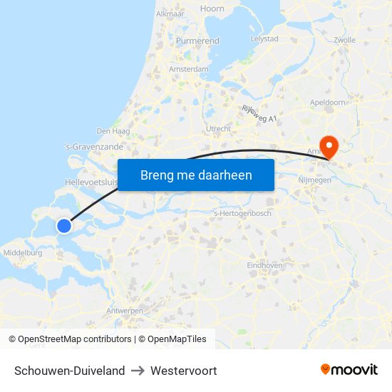 Schouwen-Duiveland to Westervoort map