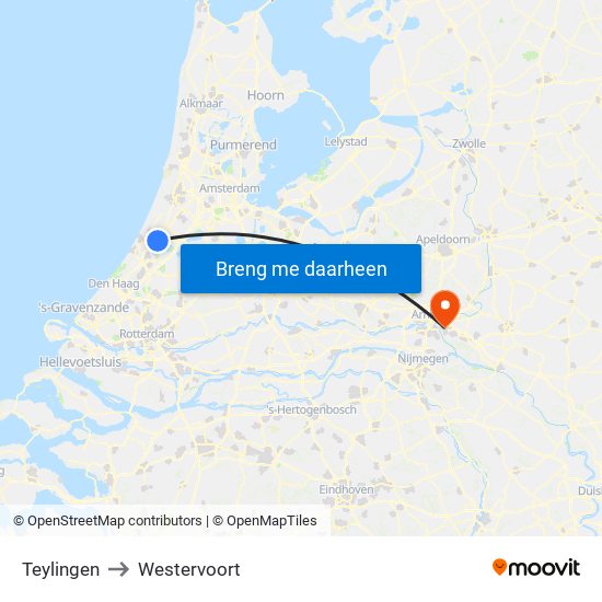 Teylingen to Westervoort map