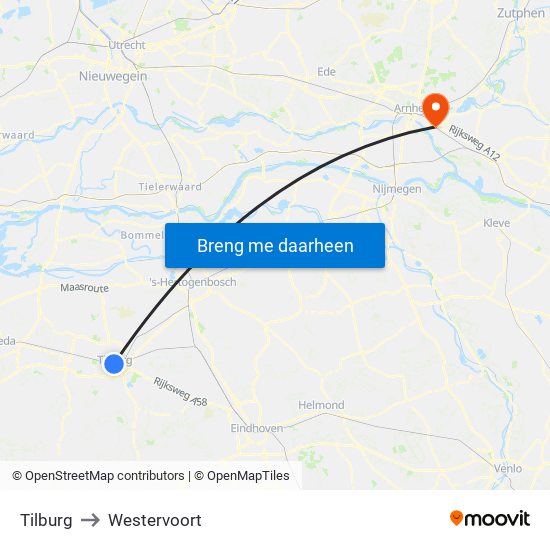 Tilburg to Westervoort map