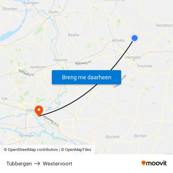 Tubbergen to Westervoort map