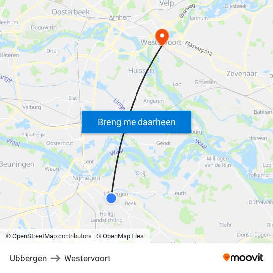 Ubbergen to Westervoort map