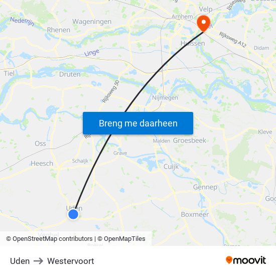 Uden to Westervoort map