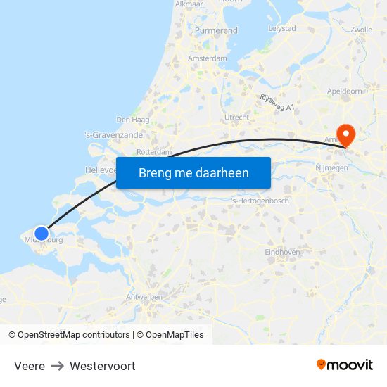 Veere to Westervoort map