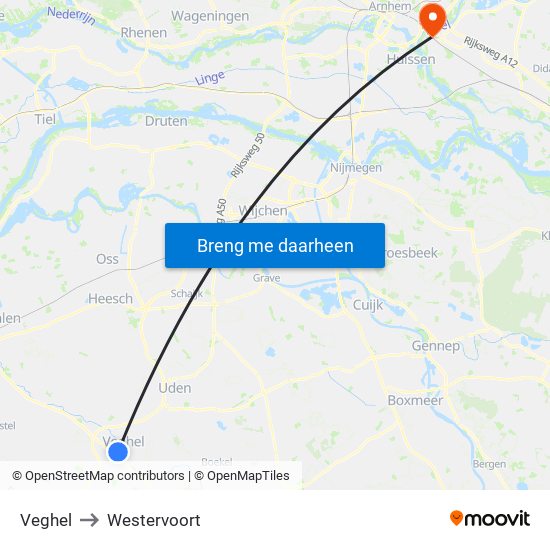 Veghel to Westervoort map