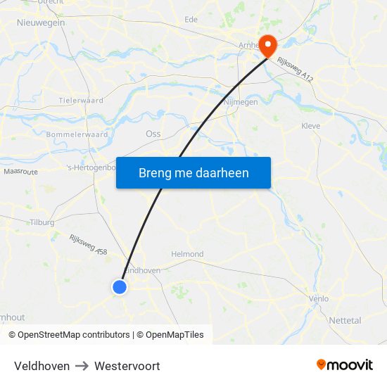 Veldhoven to Westervoort map