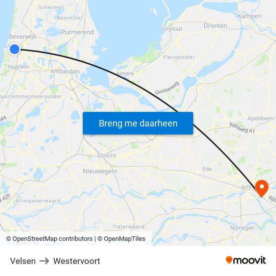 Velsen to Westervoort map