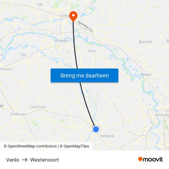 Venlo to Westervoort map