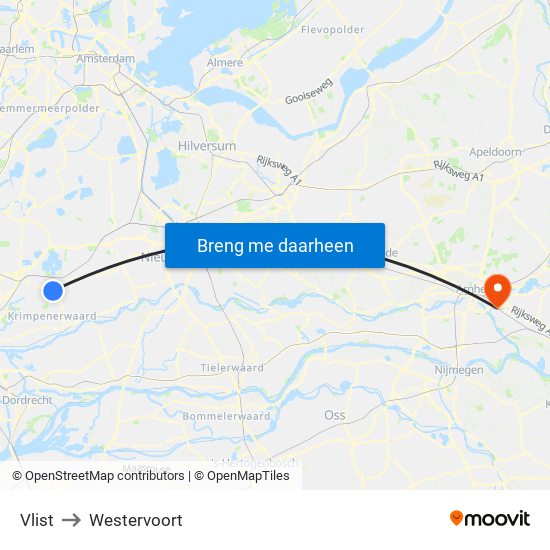 Vlist to Westervoort map
