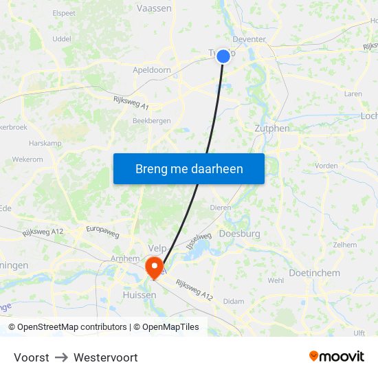 Voorst to Westervoort map