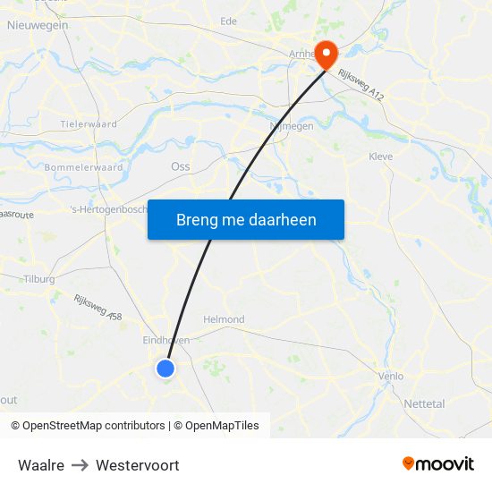 Waalre to Westervoort map