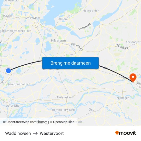 Waddinxveen to Westervoort map