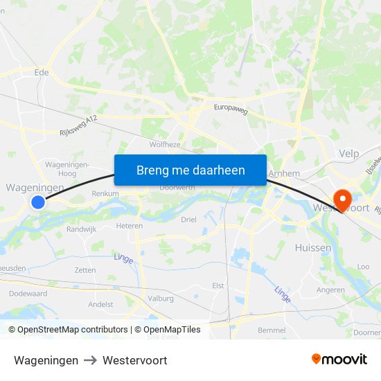 Wageningen to Westervoort map