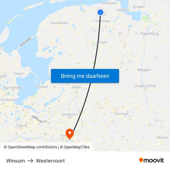 Winsum to Westervoort map