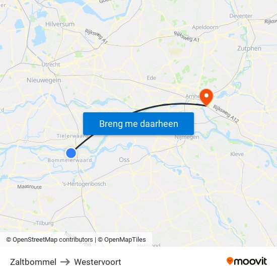 Zaltbommel to Westervoort map