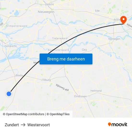 Zundert to Westervoort map