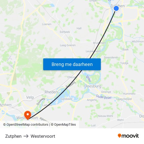 Zutphen to Westervoort map