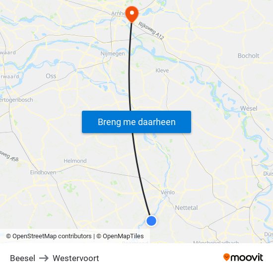 Beesel to Westervoort map