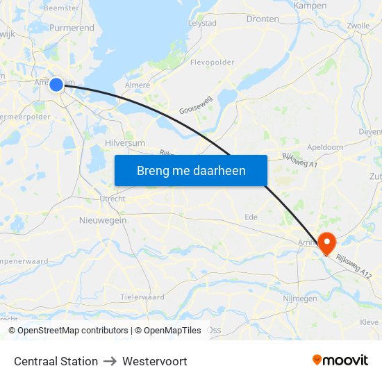 Centraal Station to Westervoort map